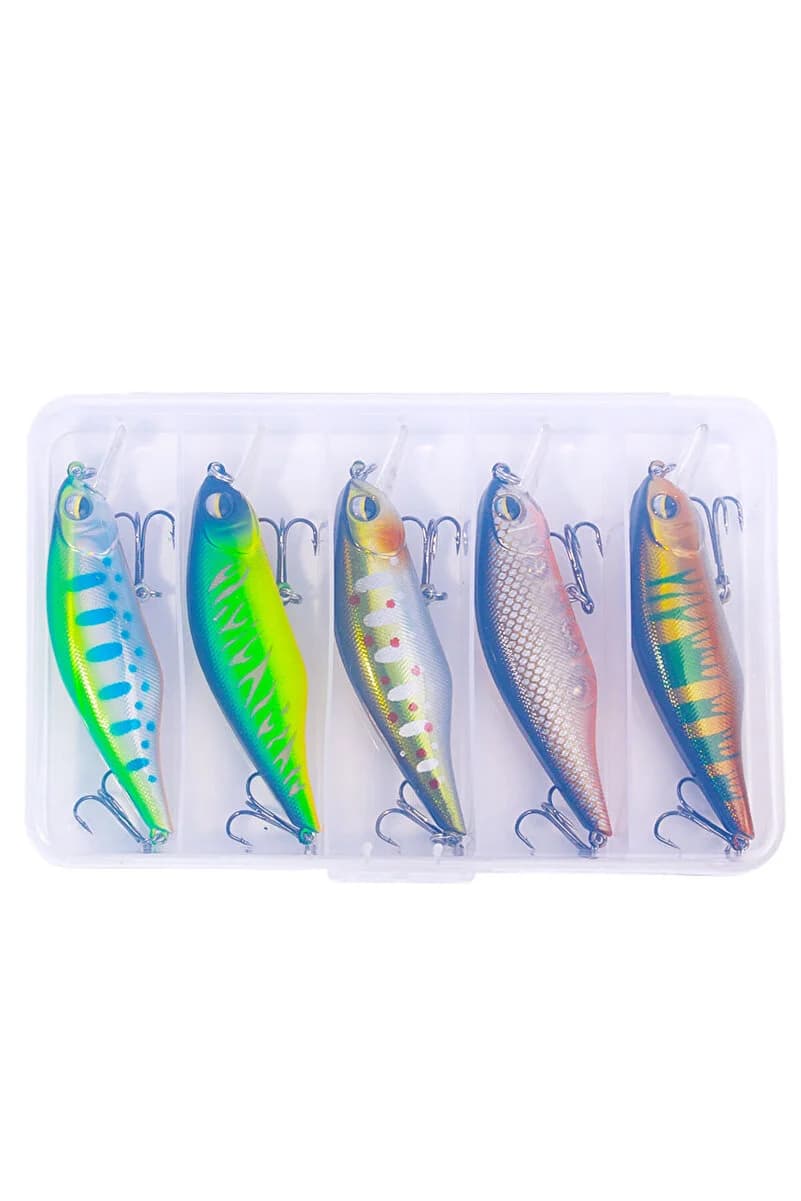 5’li Renkli Minnow Maket Balık Seti | Çeneli Çift İğneli Kutulu